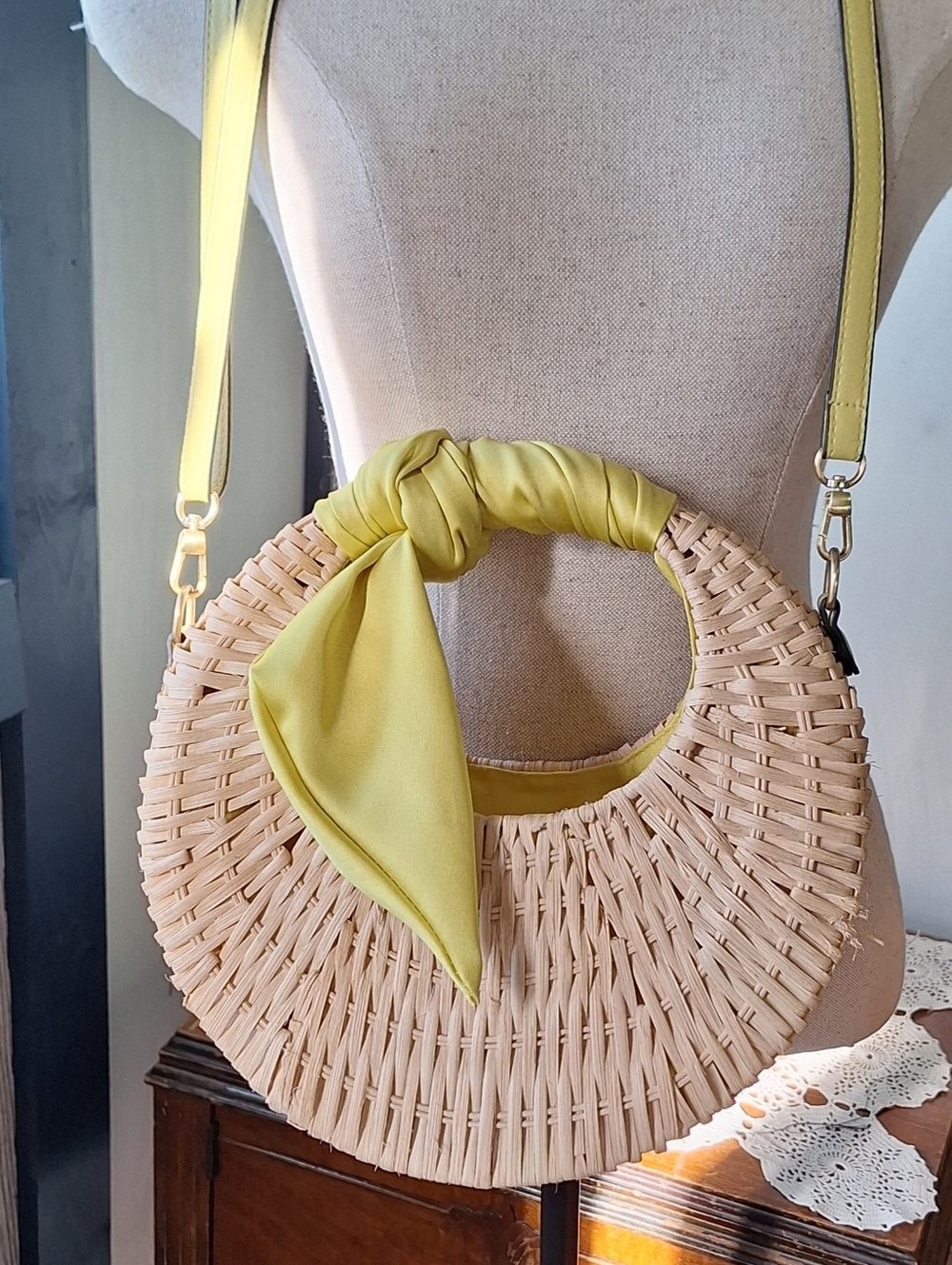 Scoop Woven Straw Crossbody Bag with Satin Scarf Accent, Style#SC221129 - Picture 6 of 16
